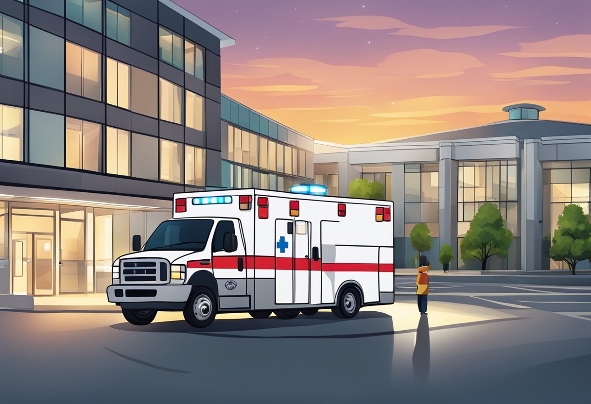 Uma ambulância estacionada do lado de fora de um hospital, com suas luzes piscando e uma equipe médica ao lado.
