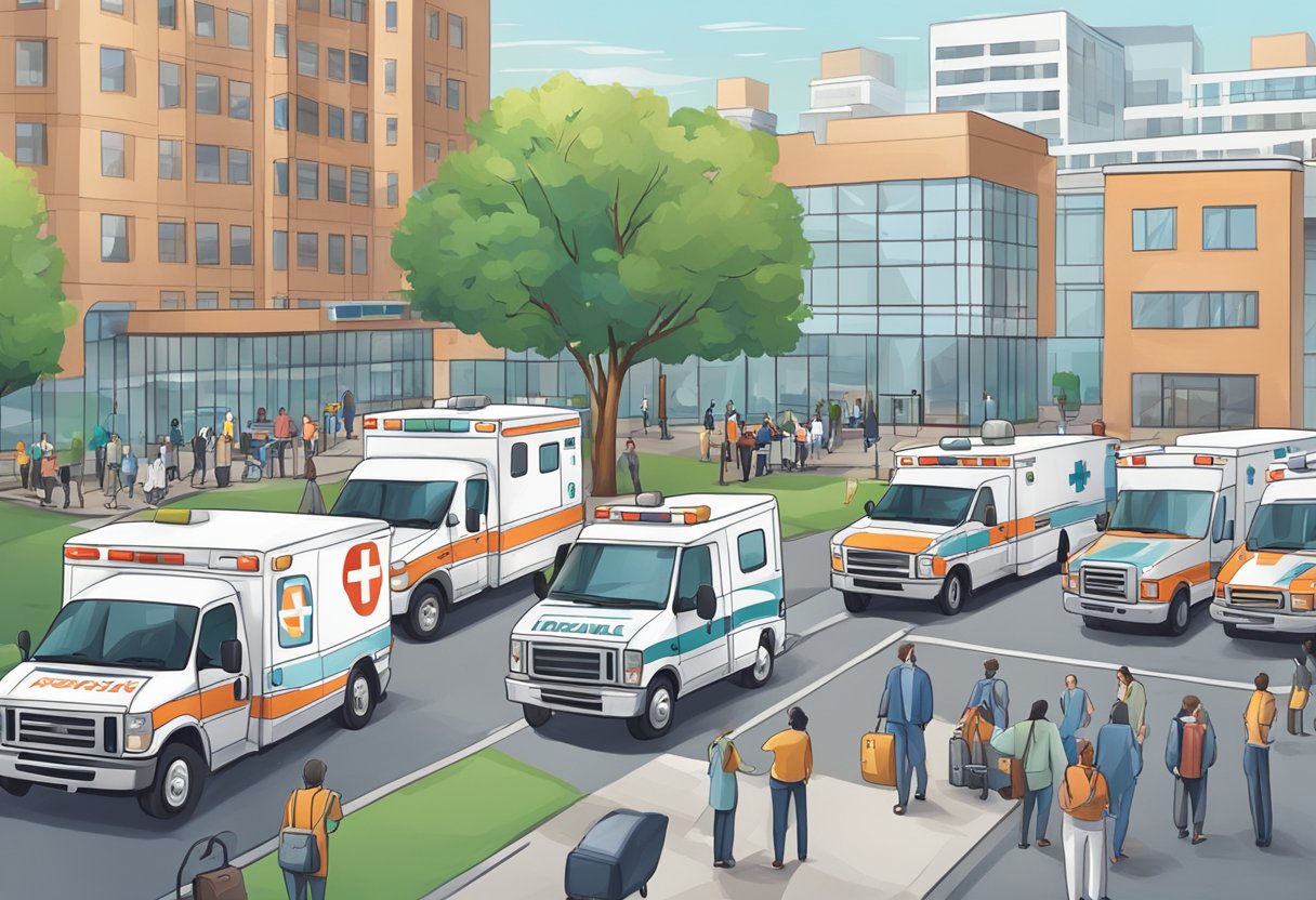 Uma rua movimentada com ambulâncias estacionadas em frente a um hospital, enquanto corretores de imóveis discutem preços de aluguel ao fundo.