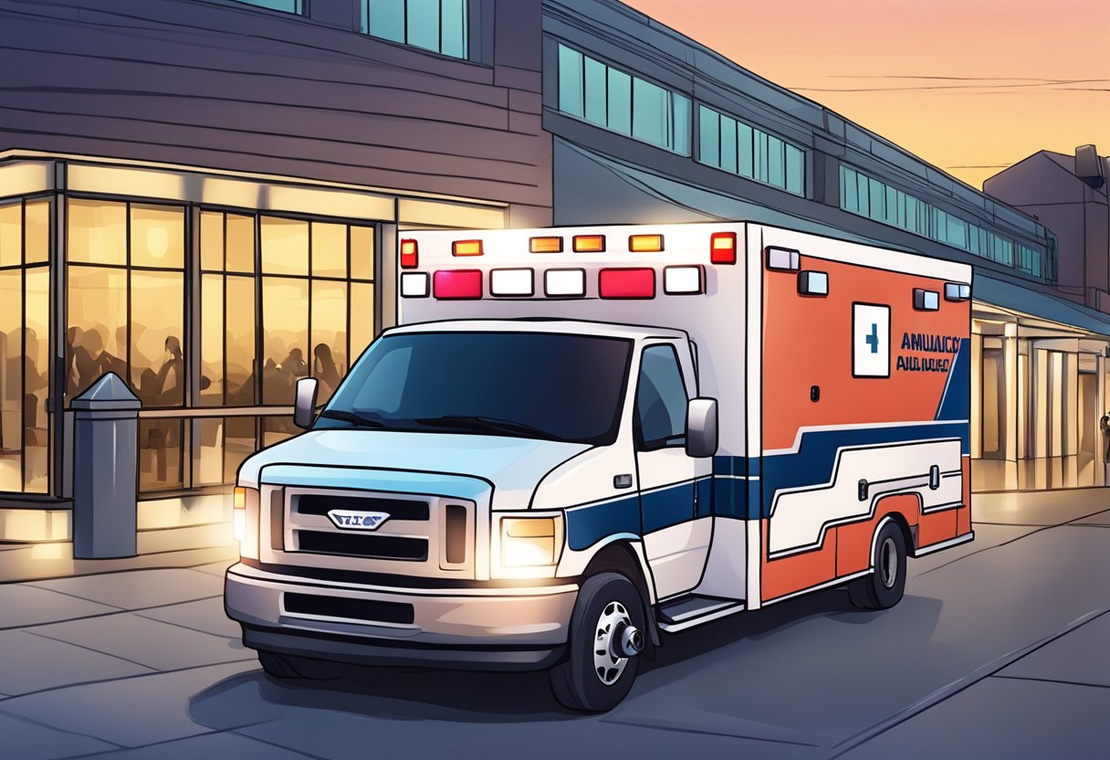 Uma ambulância estacionada do lado de fora de um local de eventos, com suas luzes piscando e a maca visível através das portas traseiras abertas.
