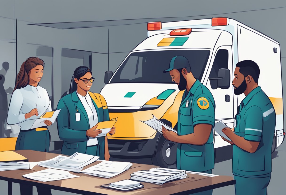 Um grupo de pessoas revisando documentos e discutindo preços para aluguel de ambulâncias e processos de aquisição.