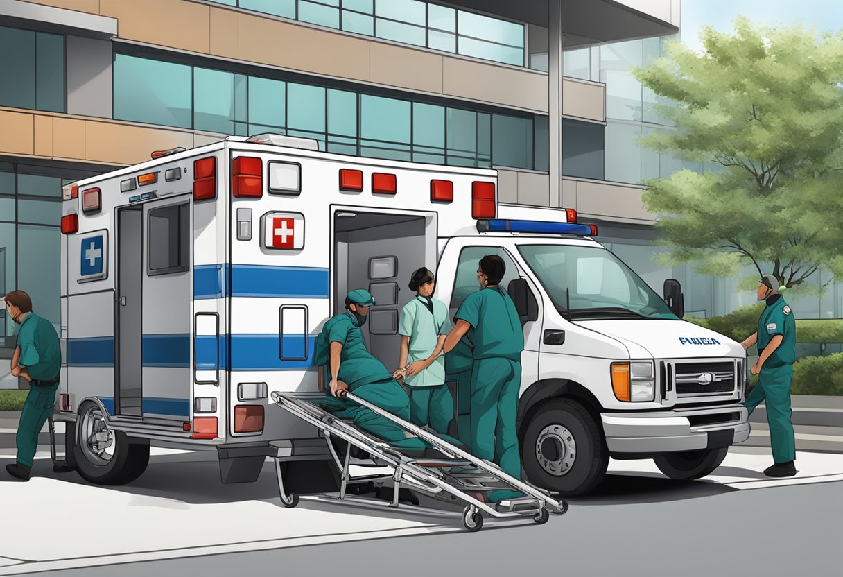 Uma ambulância estacionada do lado de fora de uma unidade médica, com um paramédico carregando uma maca e um paciente sendo colocado no veículo.