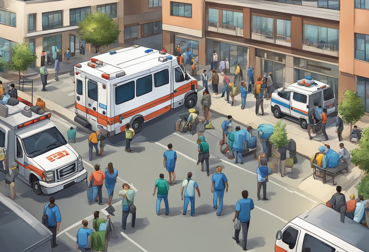 Uma rua movimentada com uma ambulância estacionada em frente a uma unidade médica, cercada por pessoas necessitando de atendimento médico.