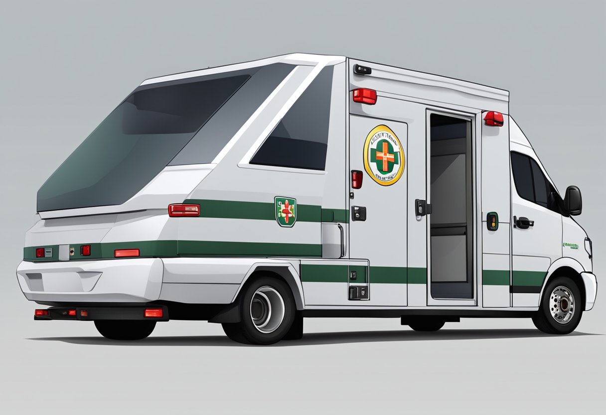 Uma ambulância particular com design elegante e logotipo contrasta com uma ambulância pública tradicional com recursos básicos.
