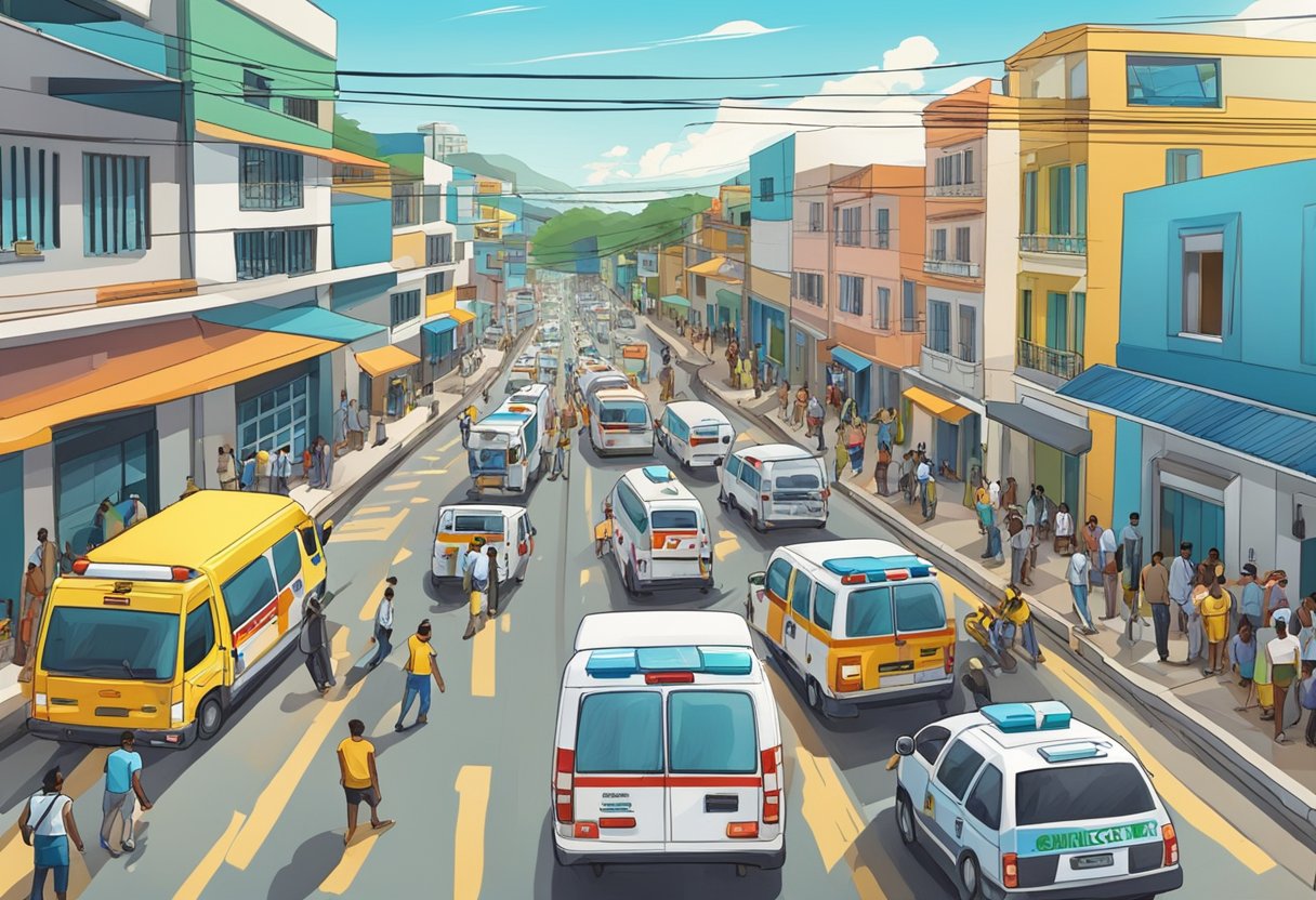 Uma rua movimentada no Ceará, Brasil, com ambulâncias estacionadas em frente a uma unidade médica, cercadas por uma atividade agitada.