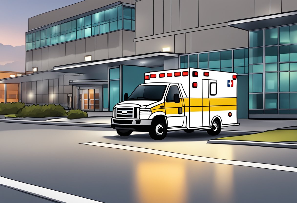 Uma ambulância estacionada do lado de fora de um hospital com suas luzes piscando, pronta para locação.