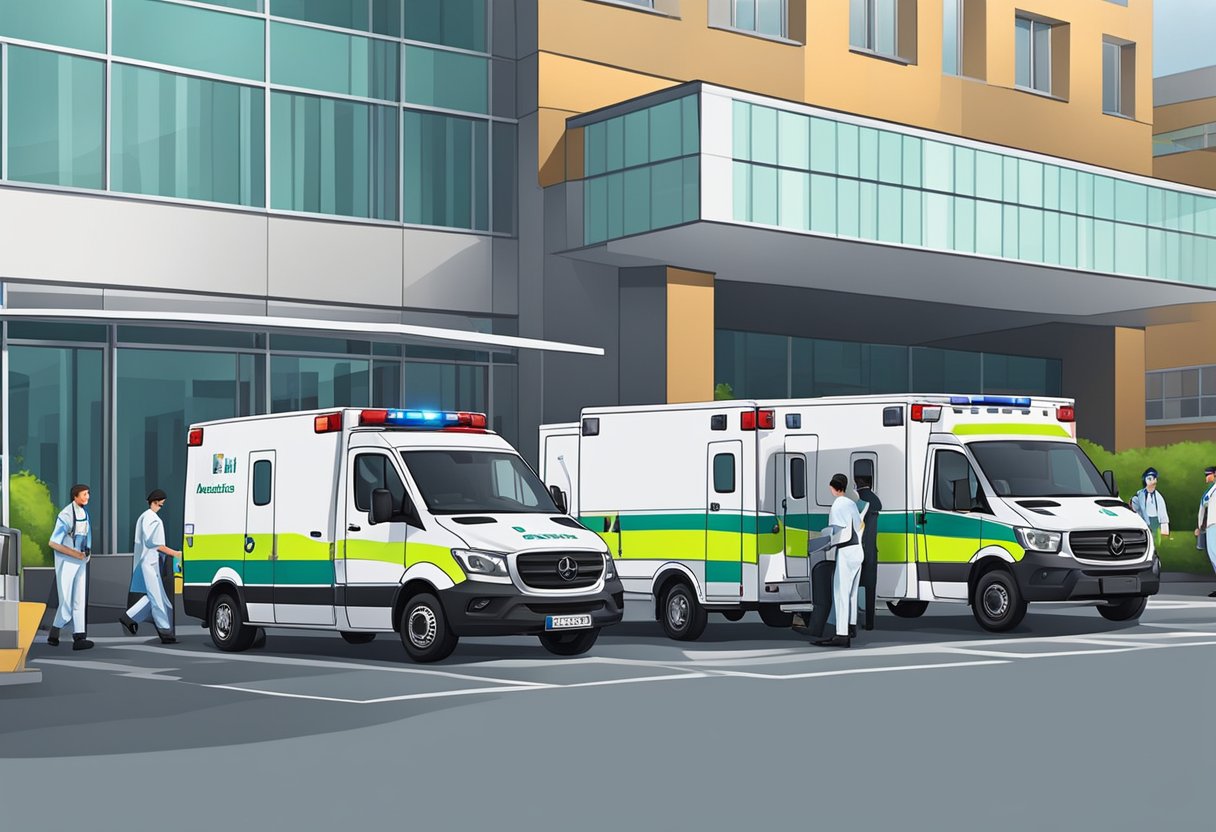Uma ambulância particular estacionada em frente a um hospital, com paramédicos descarregando equipamentos médicos.
