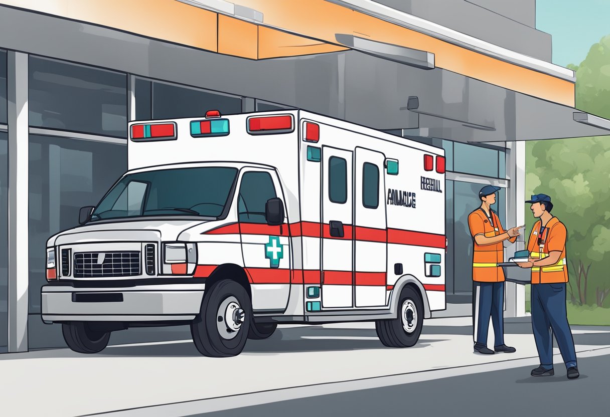 Uma ambulância sendo alugada em uma locadora, com funcionários ajudando um cliente e explicando o processo de locação.