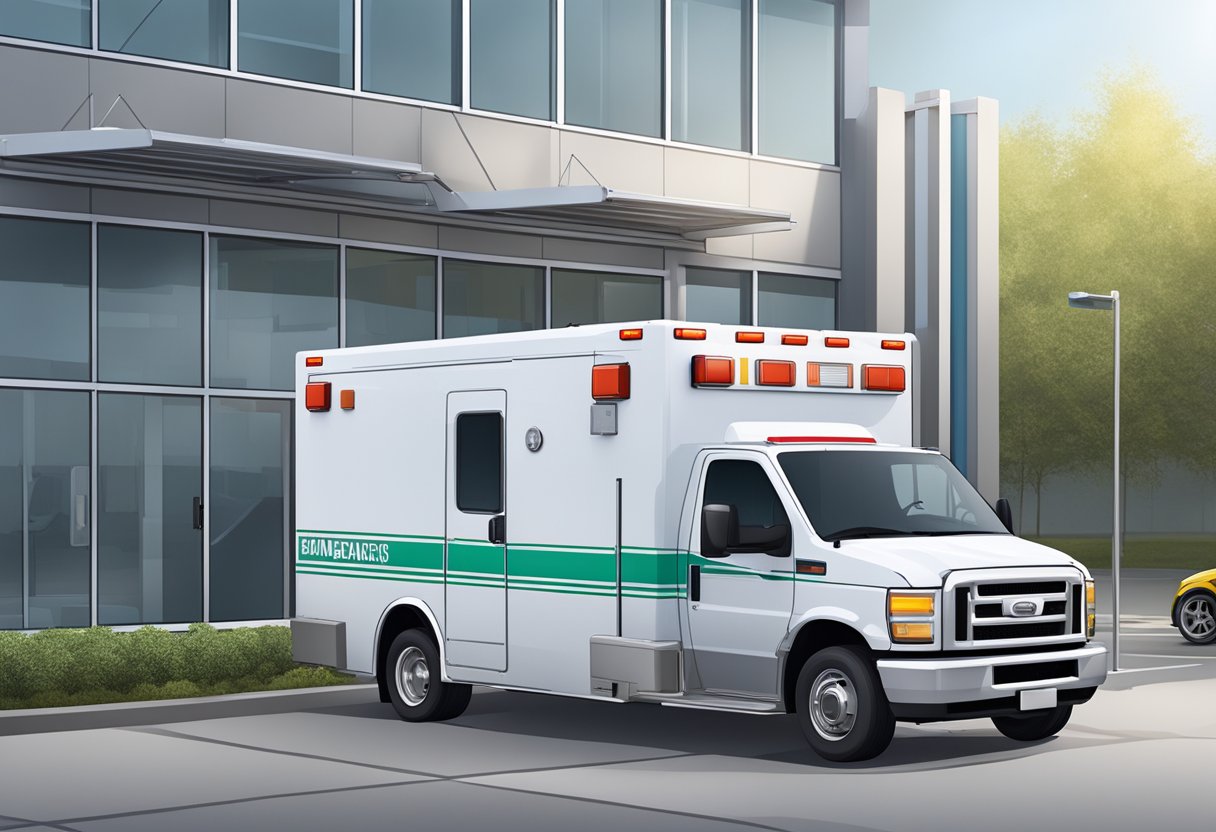 Uma ambulância totalmente equipada estacionada do lado de fora de uma empresa de locação, com uma visão clara da estrutura e da sinalização.