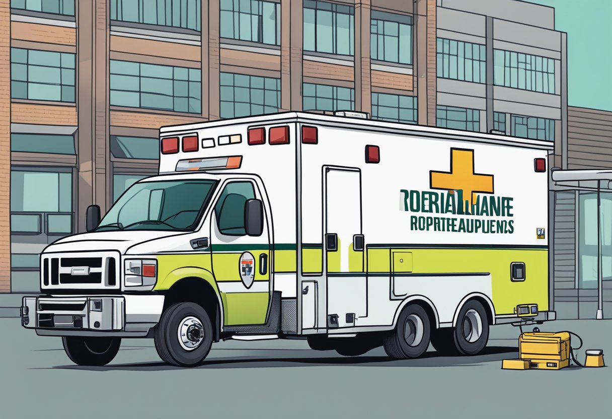 Uma ambulância sendo inspecionada e preparada para aluguel, com uma lista de verificação de precauções de segurança e recomendações de equipamentos exibida nas proximidades.