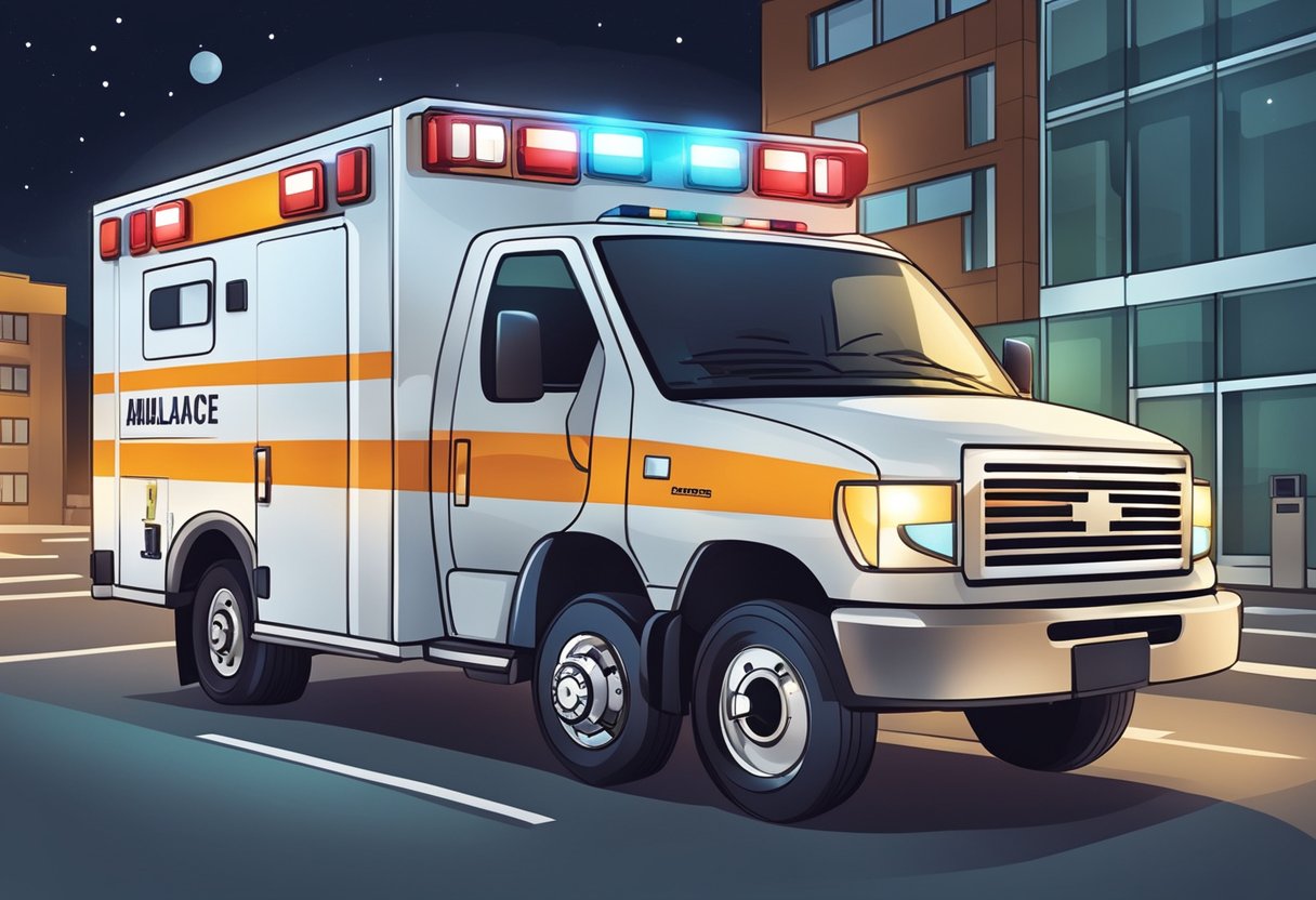 Uma ambulância com luzes piscantes e um relógio de 24 horas ao lado, estacionada do lado de fora de um hospital à noite