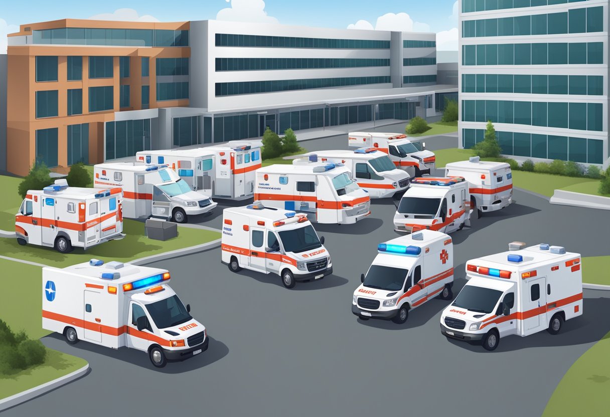 Uma frota de diferentes tipos de ambulâncias de 24 horas estacionadas do lado de fora de uma instalação médica, prontas para atendimento de emergência.