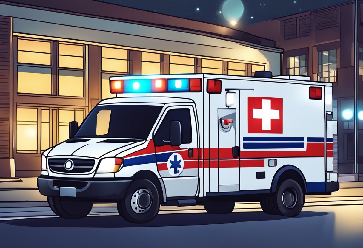 Uma ambulância com luzes piscando e um símbolo médico na lateral, estacionada do lado de fora de um hospital à noite
