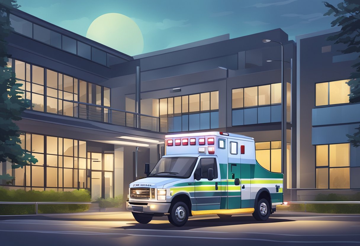 Uma ambulância de emergência 24 horas estacionada do lado de fora de um hospital, com luzes piscando e equipamentos médicos visíveis através das janelas