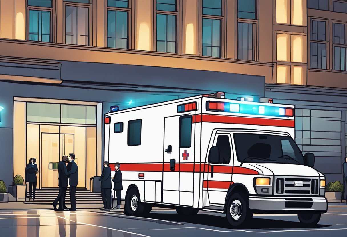 Uma ambulância estacionada do lado de fora de um local de evento, com suas luzes piscando e uma equipe médica de prontidão.