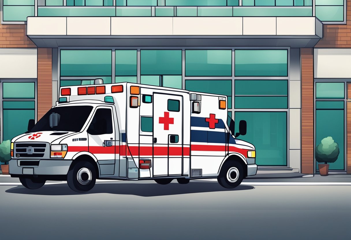 Uma ambulância com luzes piscando e equipamentos médicos estacionada em frente a um hospital a qualquer hora.