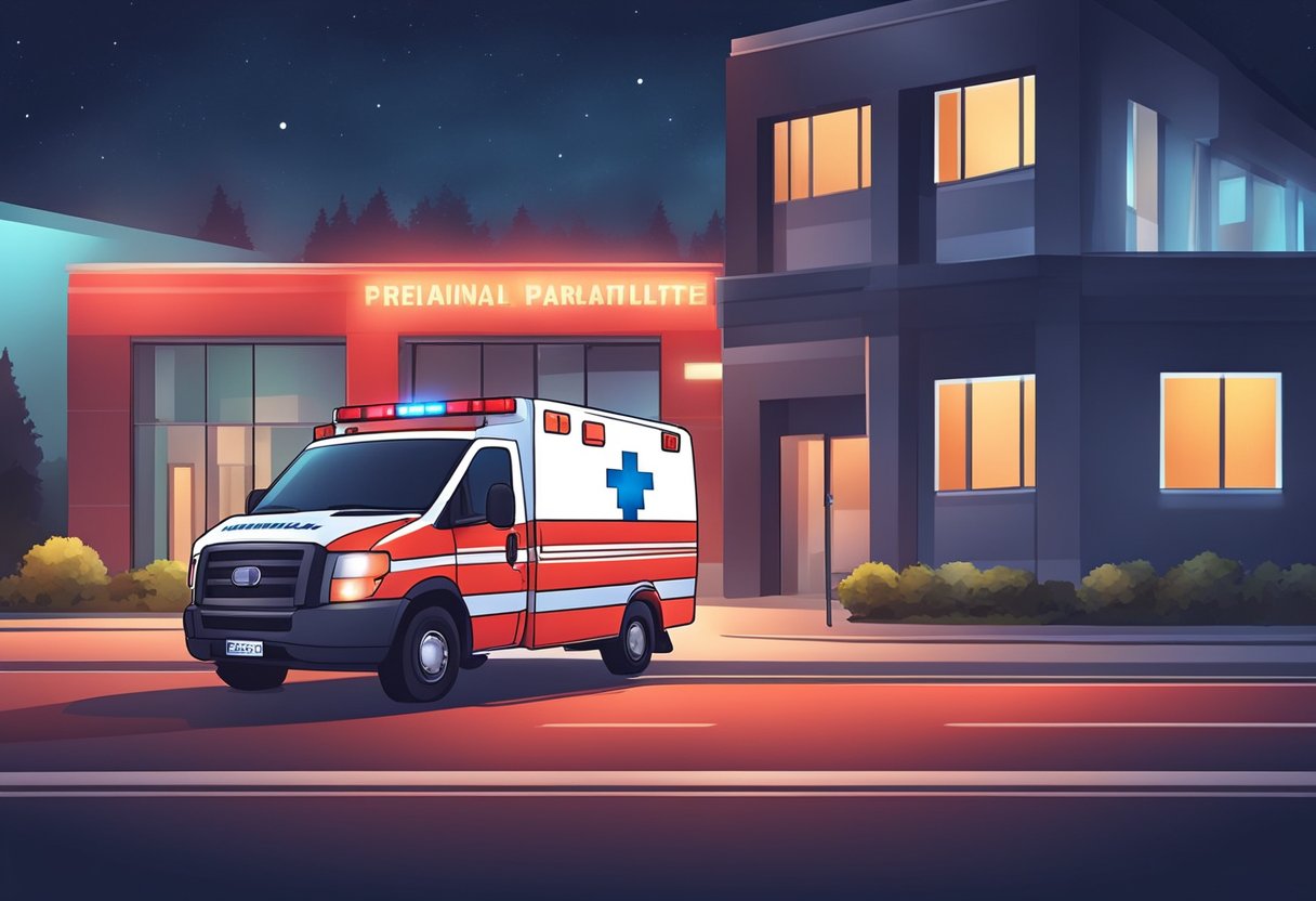 Uma ambulância vermelha brilhante com luzes piscando e um paramédico pronto com uma maca do lado de fora de um hospital à noite