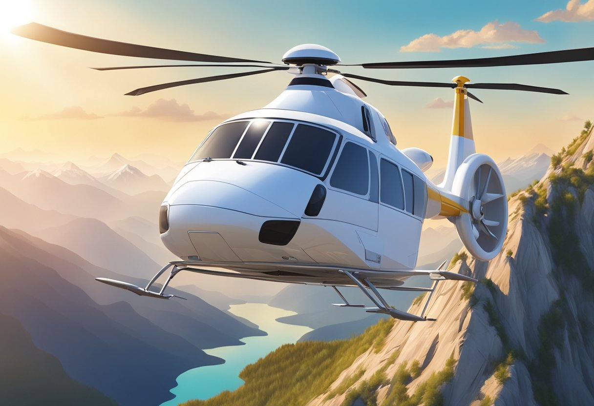 Ambulância Aérea: Benefícios e Quando Utilizar Serviços de Transporte Médico Aéreo 1 Uma ambulância aérea voando sobre uma paisagem montanhosa com um céu azul claro e um sol brilhante brilhando ao fundo