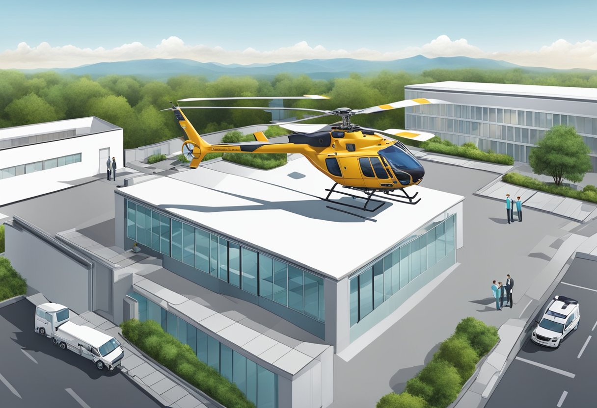 Ambulância Aérea: Benefícios e Quando Utilizar Serviços de Transporte Médico Aéreo 2 Um helicóptero médico pousa no telhado de um hospital, enquanto uma equipe de profissionais de saúde prepara um paciente para o transporte.