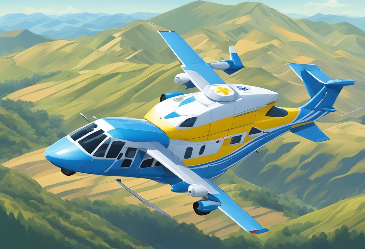 Ambulância Aérea: Benefícios e Quando Utilizar Serviços de Transporte Médico Aéreo 3 Uma ambulância aérea voando sobre uma paisagem montanhosa, com um céu azul claro ao fundo