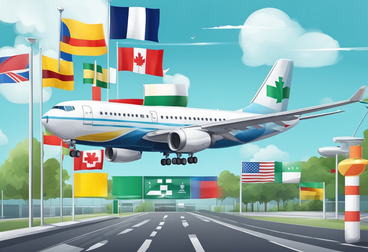 Ambulância Aérea: Benefícios e Quando Utilizar Serviços de Transporte Médico Aéreo 7 Um avião com símbolos médicos na lateral, pousando em um aeroporto com bandeiras internacionais