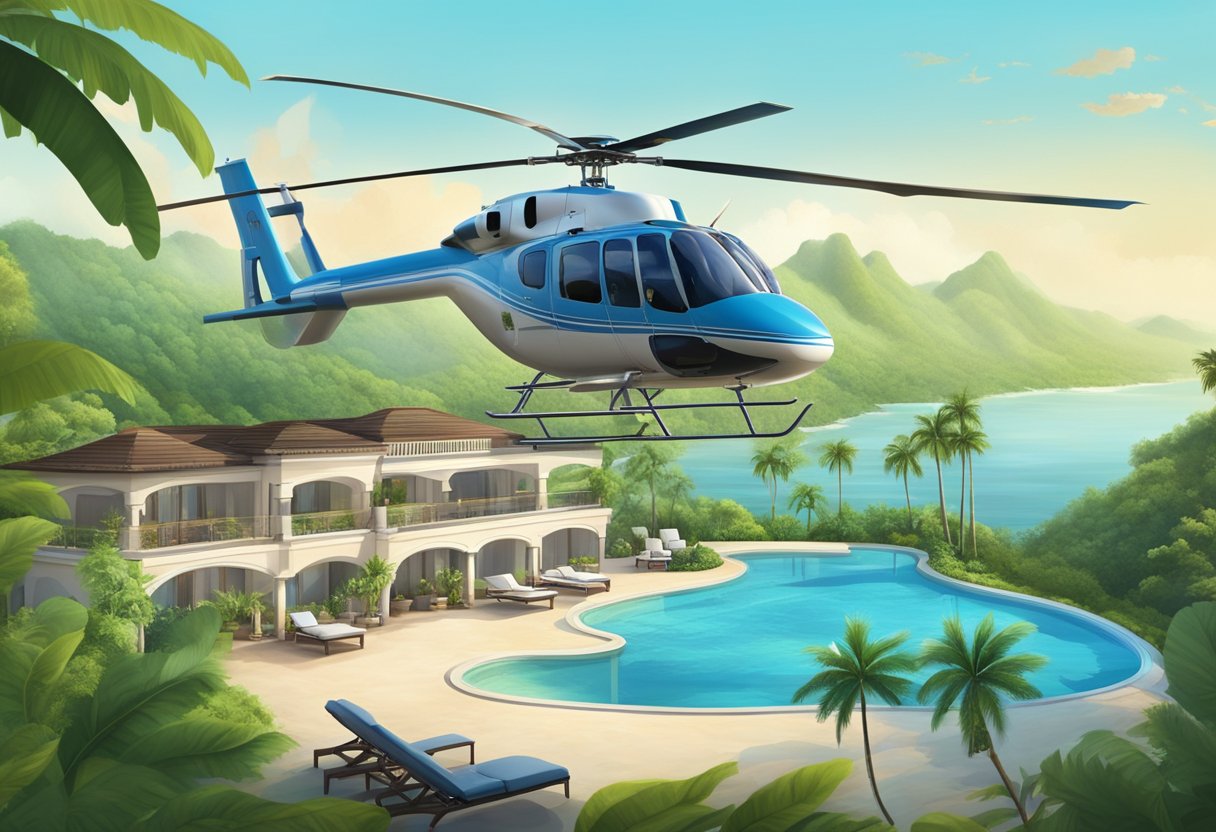 Ambulância Aérea: Benefícios e Quando Utilizar Serviços de Transporte Médico Aéreo 8 Um helicóptero médico pousando em um resort luxuoso, cercado por uma vegetação tropical exuberante e um céu azul claro