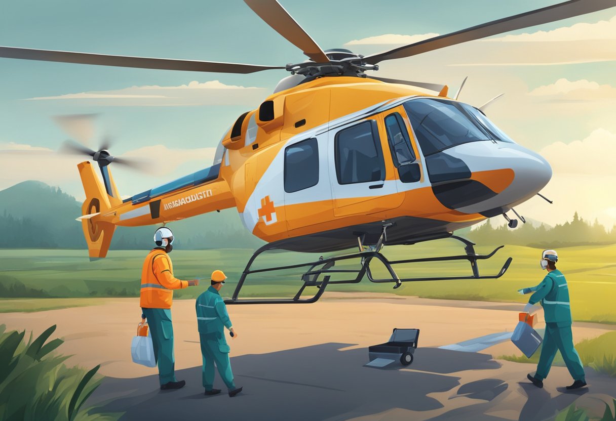 Ambulância Aérea: Benefícios e Quando Utilizar Serviços de Transporte Médico Aéreo 9 Um helicóptero com marcas médicas pousa em uma área rural. Uma equipe de paramédicos descarrega equipamentos e se prepara para transportar um paciente.