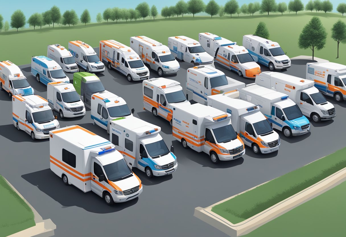 Uma frota de diferentes tipos de ambulâncias alinhadas para aluguel, incluindo unidades tradicionais, de suporte avançado de vida e neonatais, cada uma equipada com equipamentos médicos e marcações distintas.