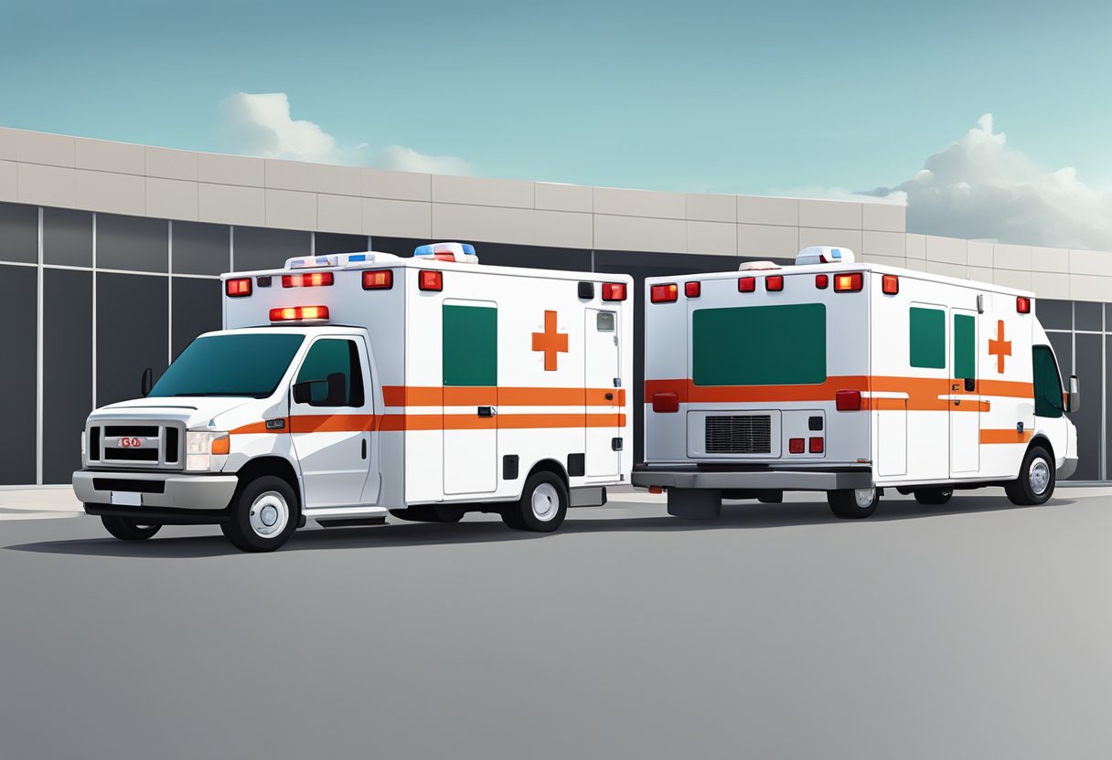 Uma ambulância Tipo D e uma ambulância de UTI móvel estacionadas lado a lado