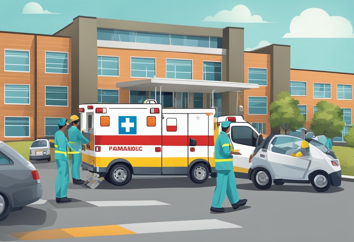 Uma ambulância estacionada do lado de fora de um hospital, com paramédicos descarregando equipamentos médicos e se preparando para transportar um paciente.