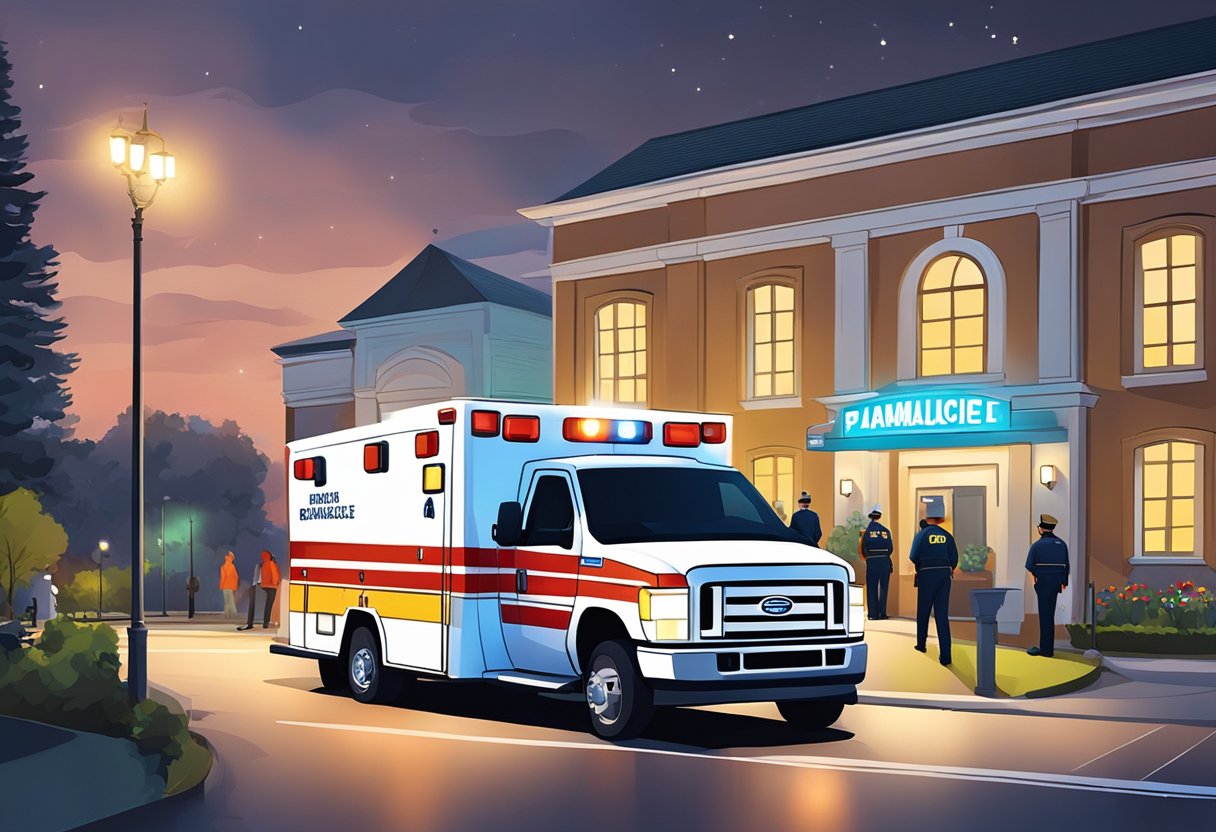 Uma ambulância estacionada do lado de fora de um local de evento especial, com luzes piscando e paramédicos de prontidão.