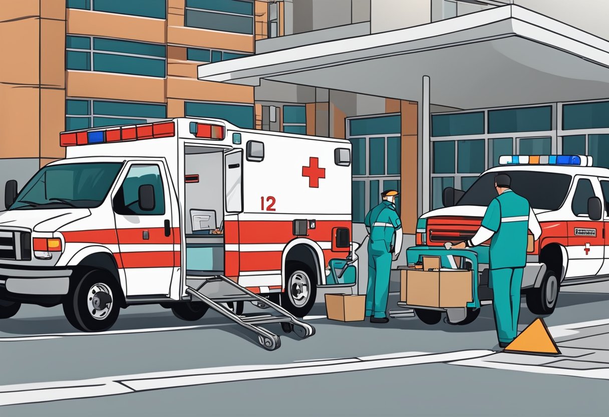 Uma ambulância estacionada do lado de fora de um hospital, com um paramédico carregando equipamentos médicos no veículo enquanto outro verifica o motor.