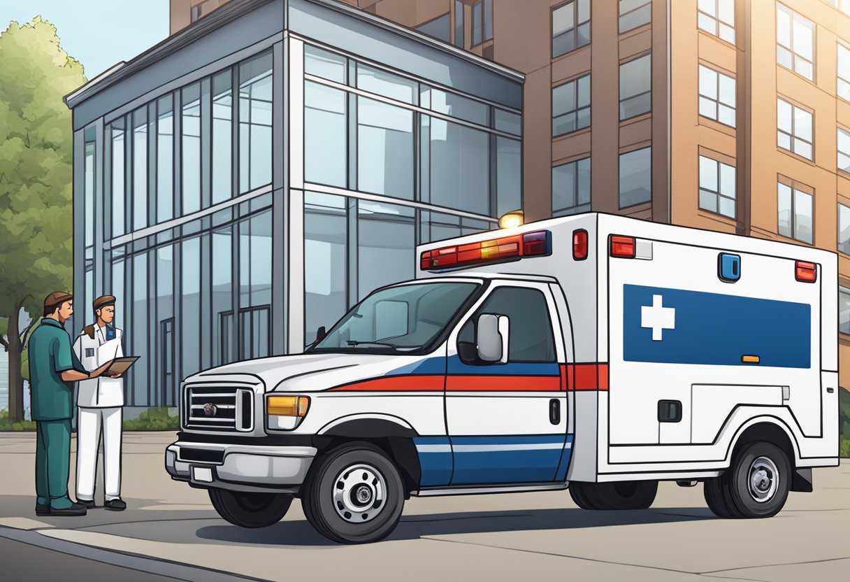 Uma ambulância estacionada do lado de fora de um prédio de empresa com um contrato sendo trocado entre duas pessoas
