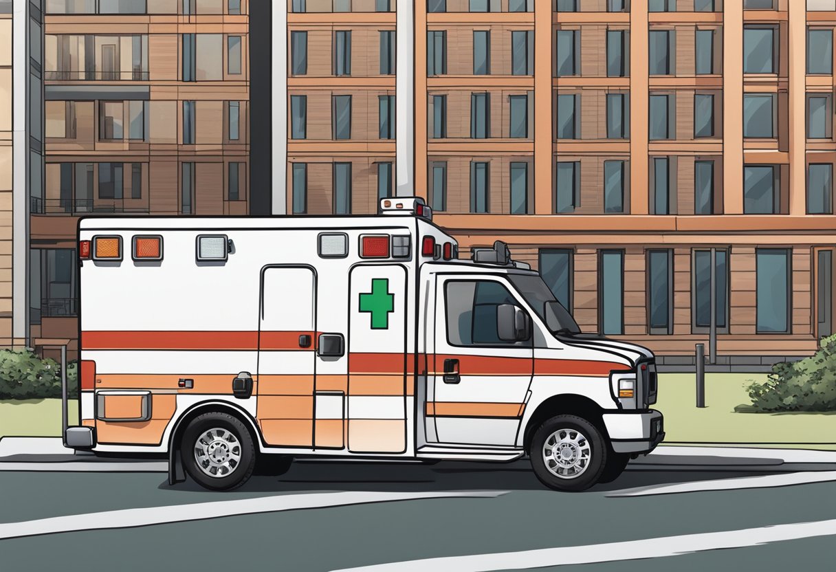 Uma ambulância estacionada do lado de fora de um escritório de aluguel, com tabelas de preços e modelos exibidos na vitrine.