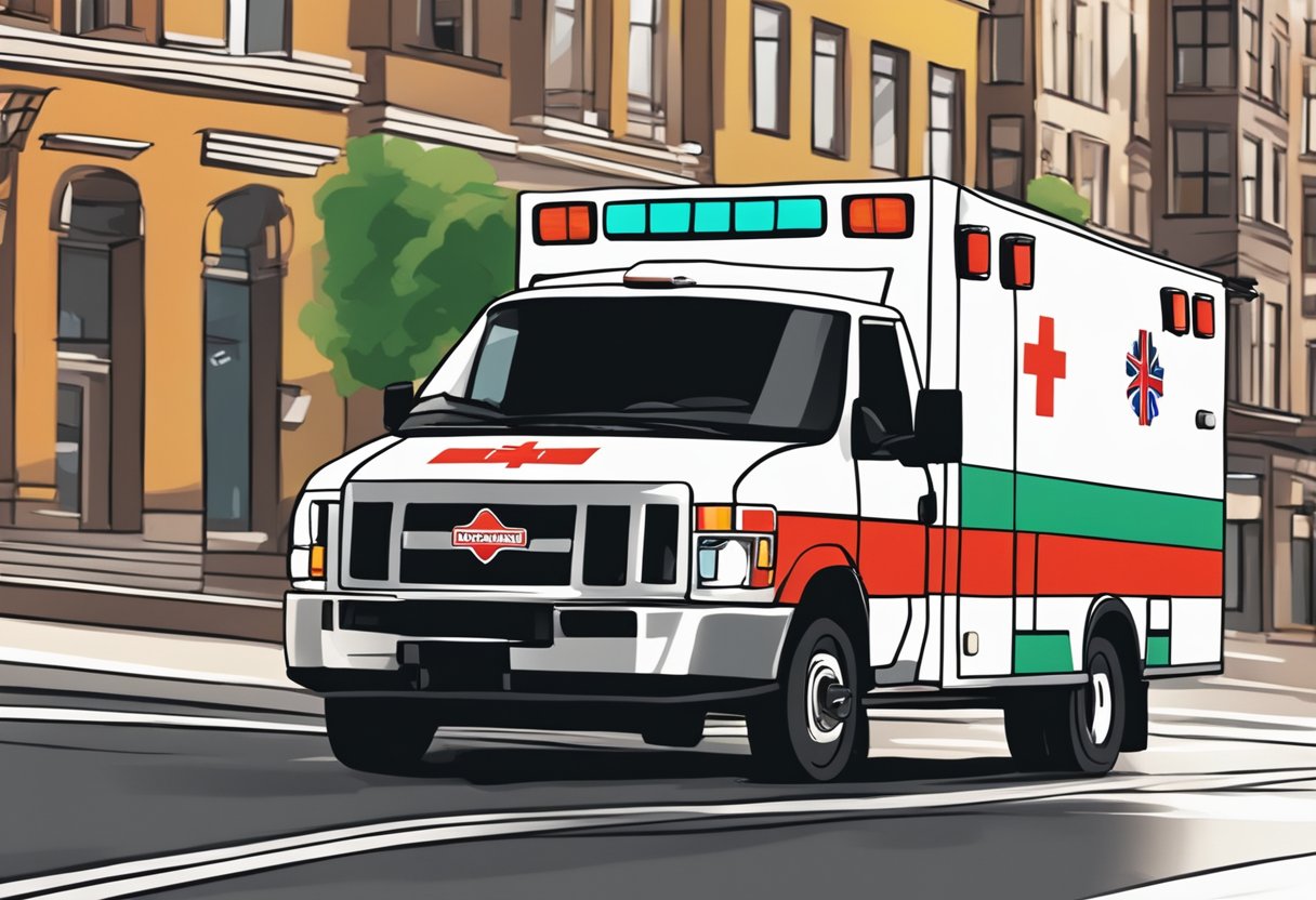 Uma ambulância acelerando por uma rua da cidade, sirenes soando, enquanto se apressa para responder a um chamado de emergência.