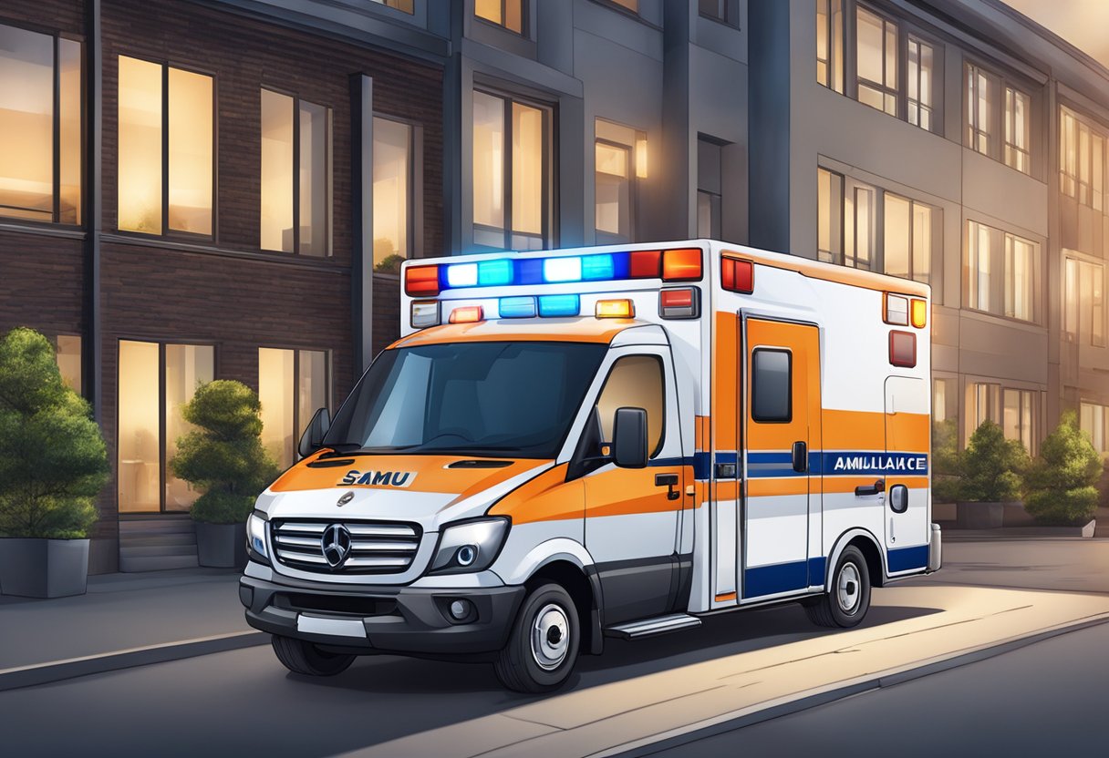 Uma ambulância com o logo do SAMU 192 estacionada em frente a um prédio, com as luzes de emergência piscando.