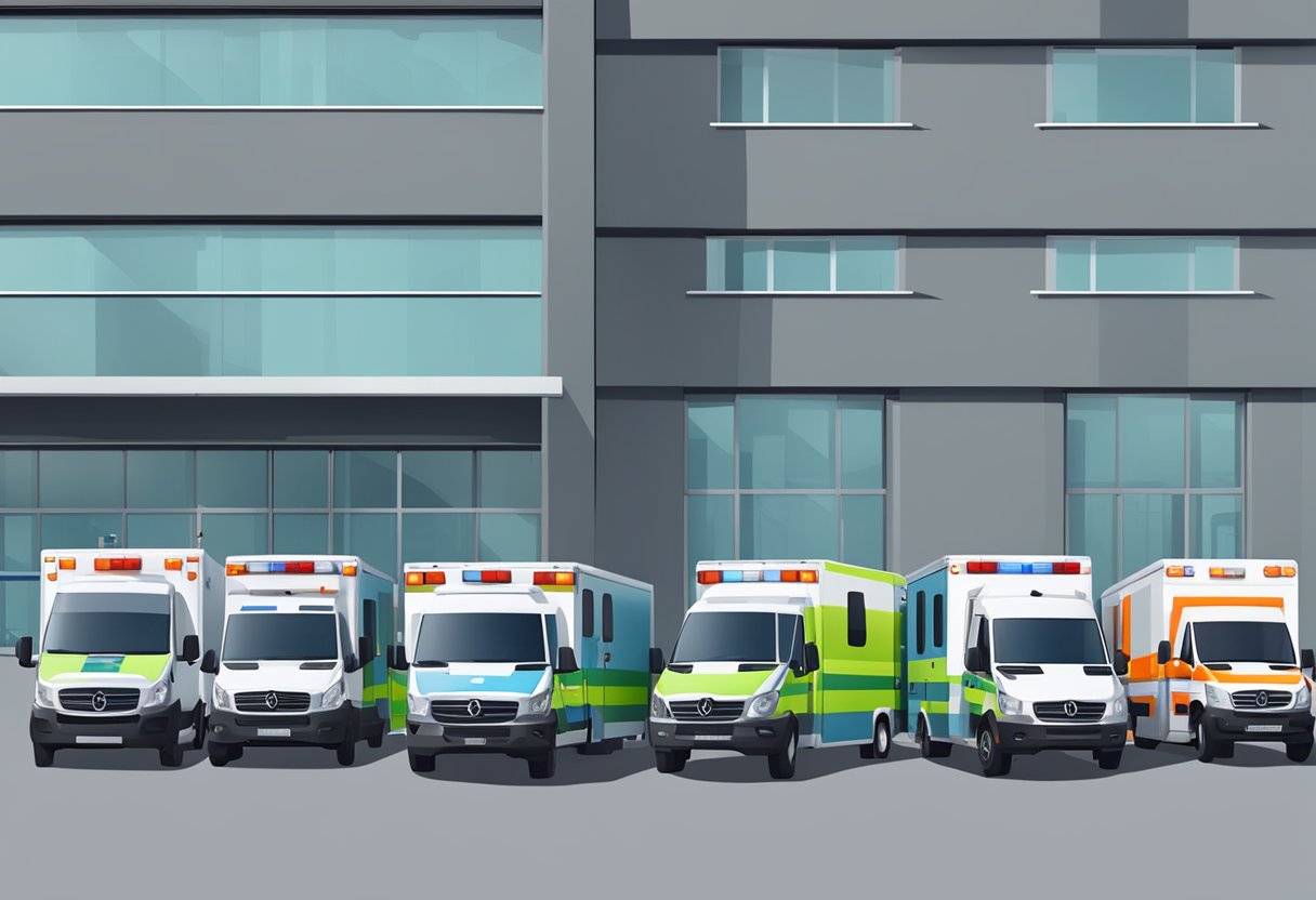 Uma frota de diferentes ambulâncias e unidades de suporte de emergência estacionadas do lado de fora de um hospital, prontas para despacho