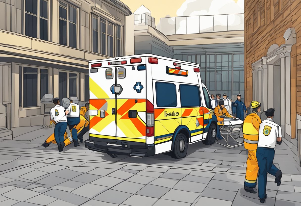 Uma ambulância estacionada do lado de fora de um prédio, com paramédicos correndo para ajudar um paciente em uma maca