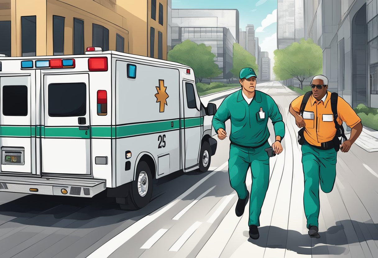Um profissional de saúde corre para uma ambulância para um treinamento de resposta a emergências.