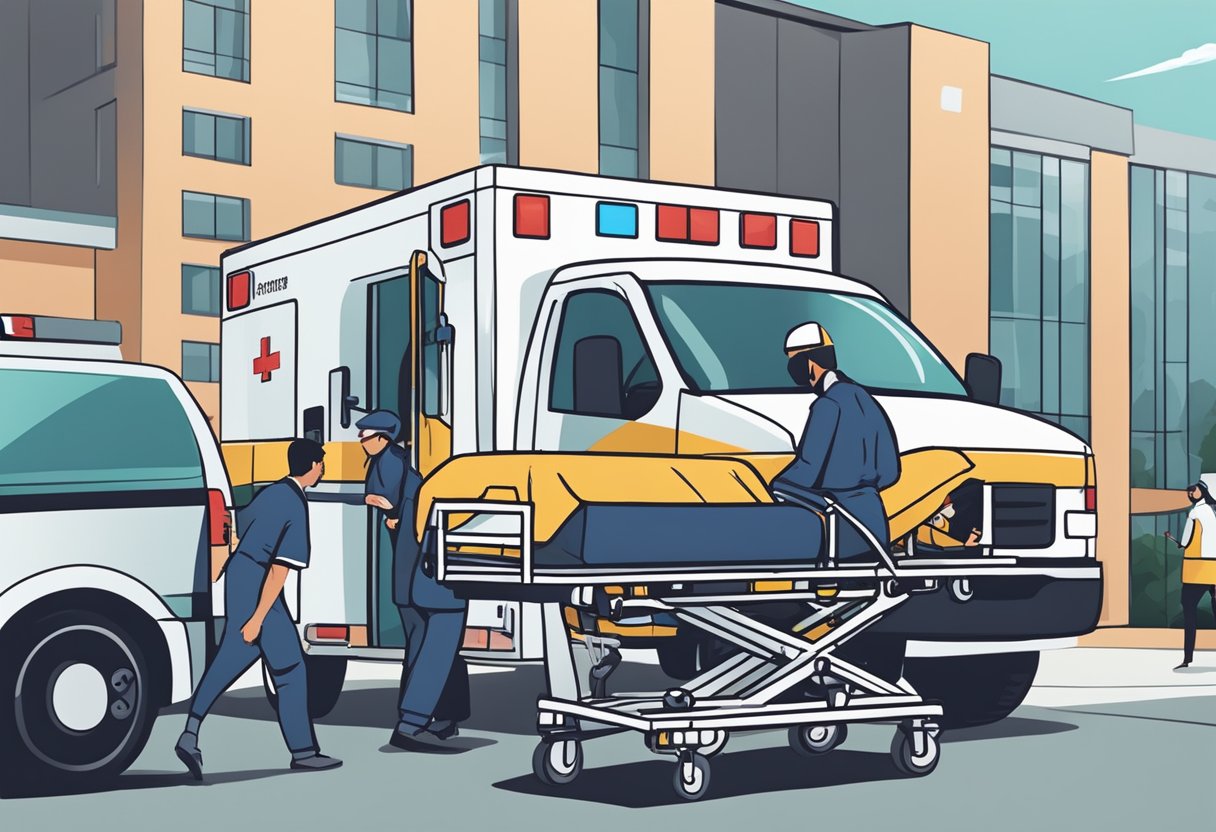 Uma ambulância estacionada do lado de fora de um hospital, com profissionais de saúde atendendo a um paciente em uma maca.