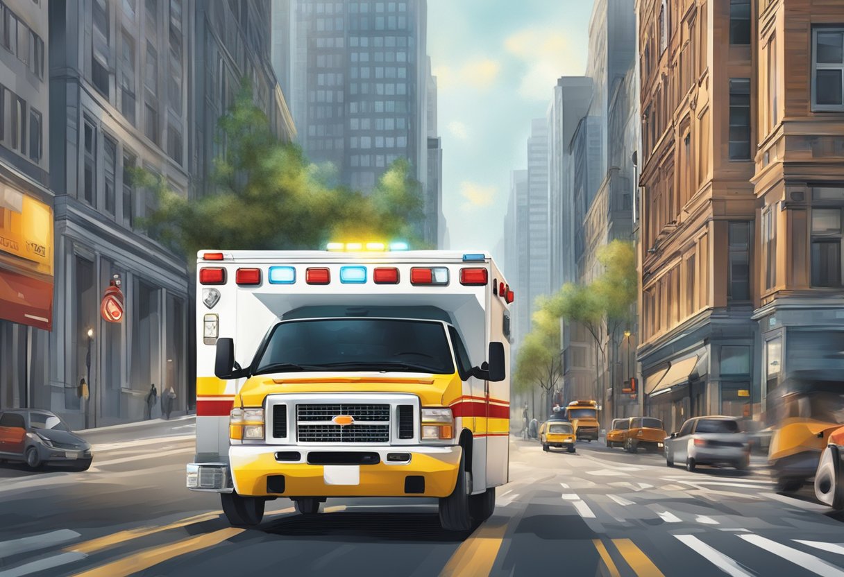 Uma ambulância correndo pelas ruas da cidade, sirenes tocando, enquanto responde a um chamado de emergência.