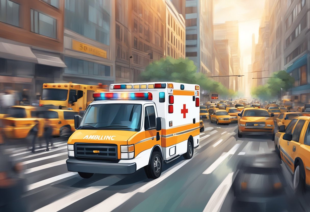 Uma ambulância correndo pelo trânsito, com as sirenes ligadas, enquanto navega por uma rua movimentada da cidade para chegar a uma situação de emergência.