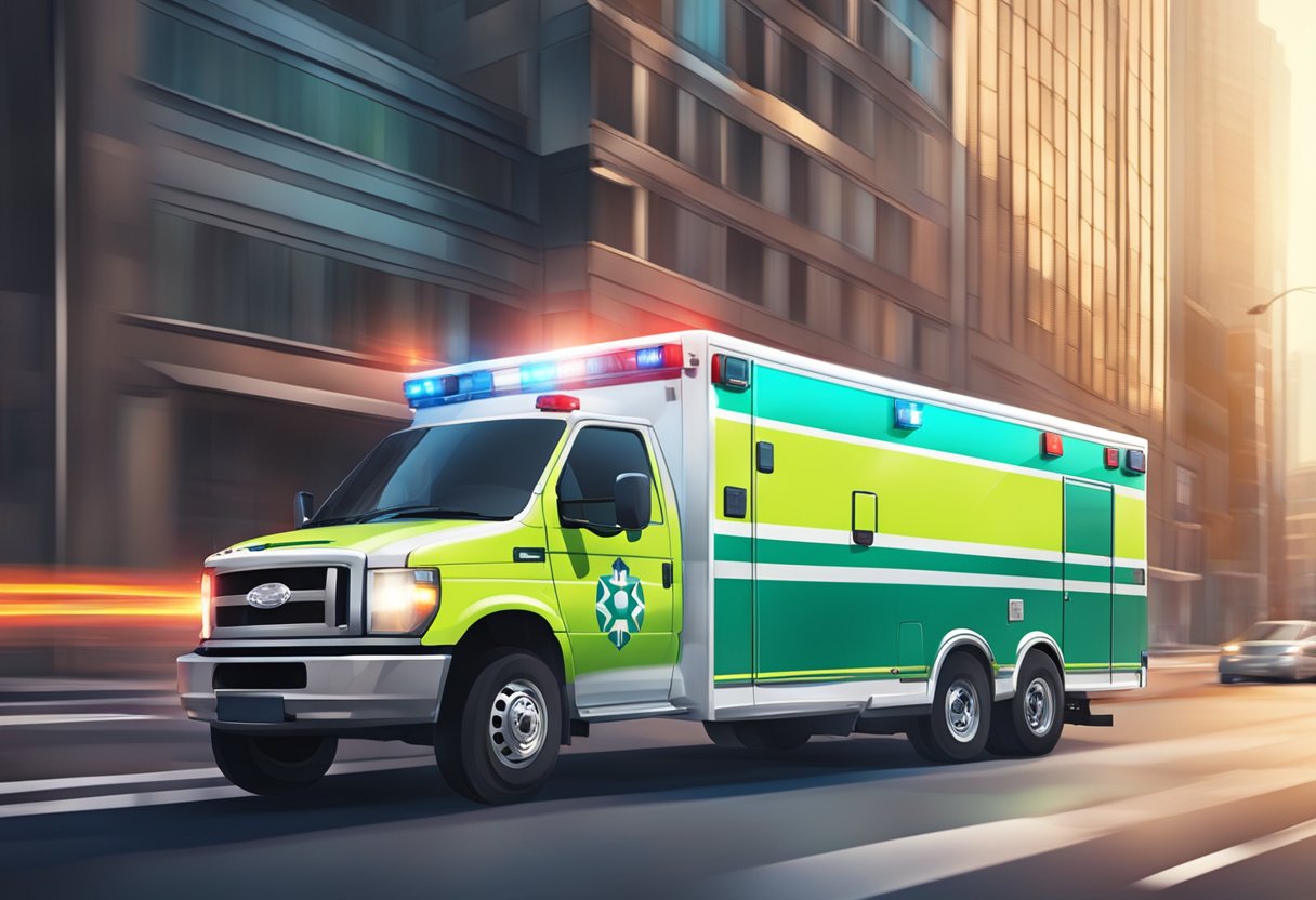 Uma ambulância avançada acelerando pelas ruas da cidade com luzes piscando e sirenes