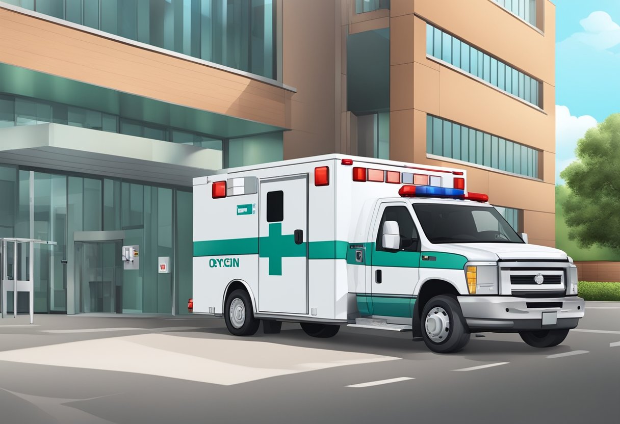 Uma ambulância avançada com equipamentos essenciais, incluindo um desfibrilador, tanque de oxigênio e suprimentos médicos, estacionada em frente à entrada de emergência de um hospital.
