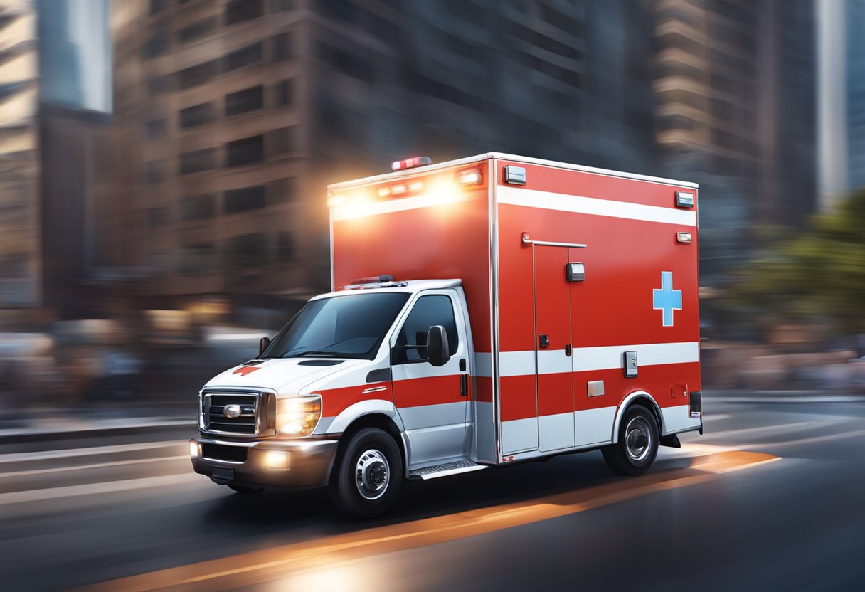 Uma ambulância avançada do SAMU acelerando pelas ruas da cidade com luzes piscando e sirene soando