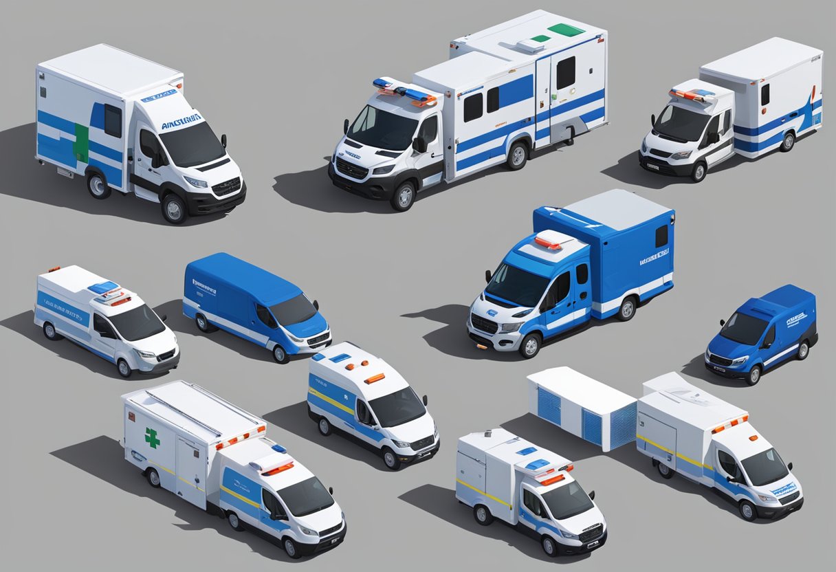 Uma frota de ambulâncias avançadas estacionadas estrategicamente em vários municípios, prontas para um rápido deslocamento.