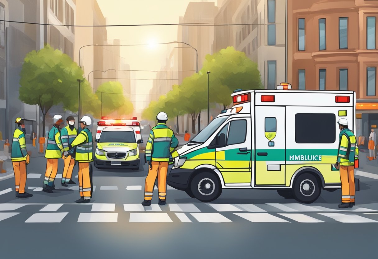 Uma ambulância avançada transportando pacientes em uma rua movimentada, com paramédicos atendendo ao equipamento médico dentro.