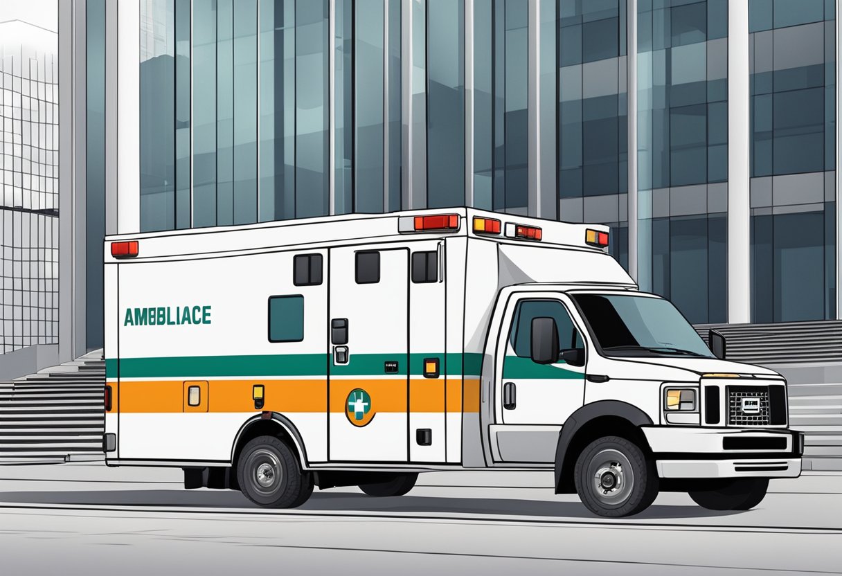 Uma ambulância avançada estacionada do lado de fora de um prédio do governo, cercada por gráficos financeiros e documentos de políticas.