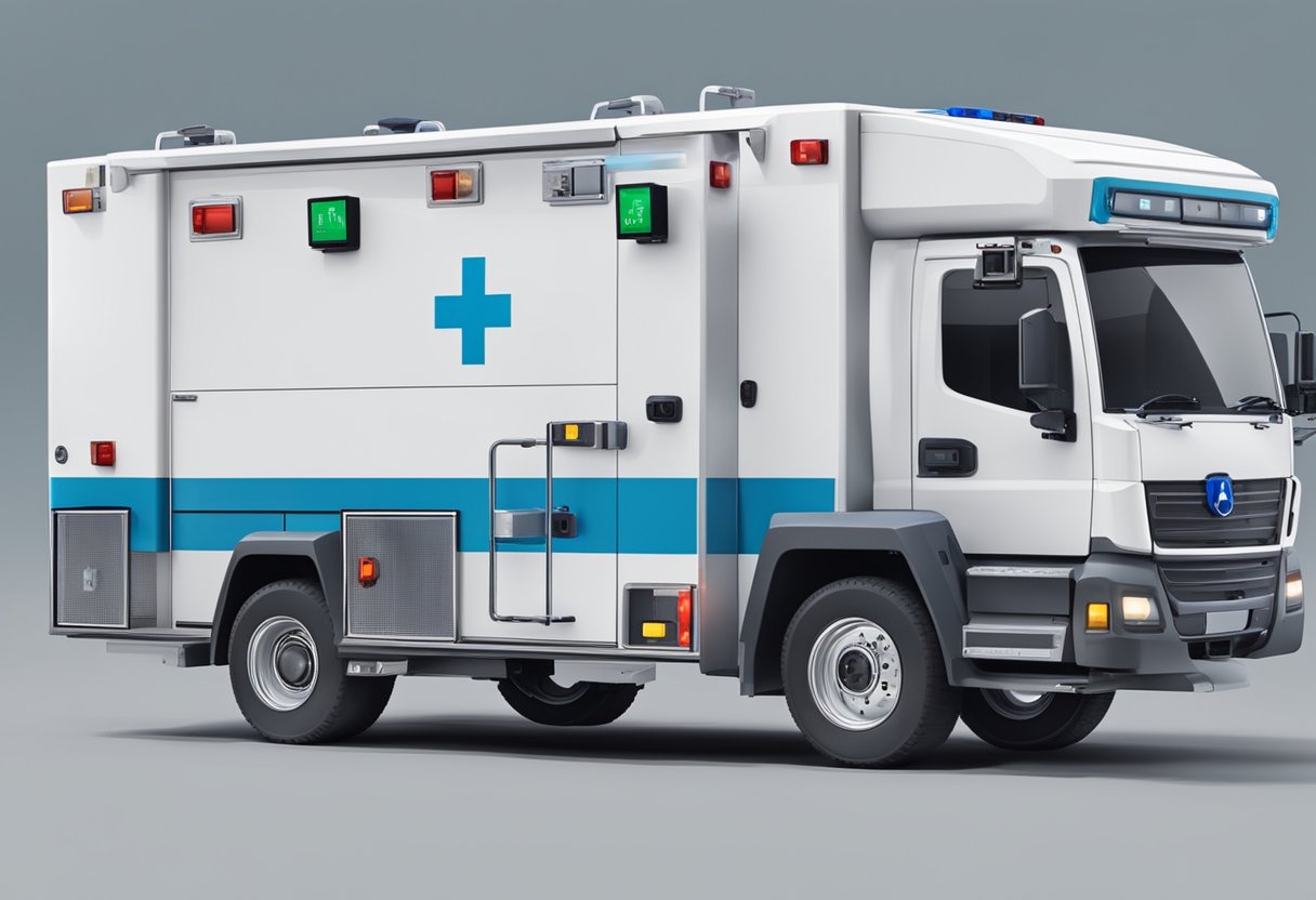 Uma ambulância avançada com equipamentos e tecnologia médica modernos, pronta para responder a emergências.
