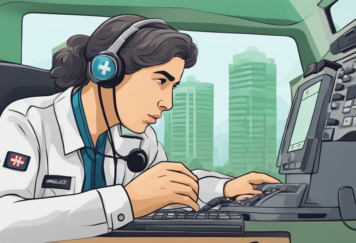 Uma pessoa discando o número de emergência para uma ambulância em Curitiba, com um semblante de urgência e preocupação no rosto.