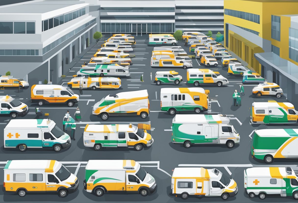 Uma frota de ambulâncias estacionadas em frente a uma unidade médica em Curitiba, cada uma exibindo marcas e equipamentos distintos.